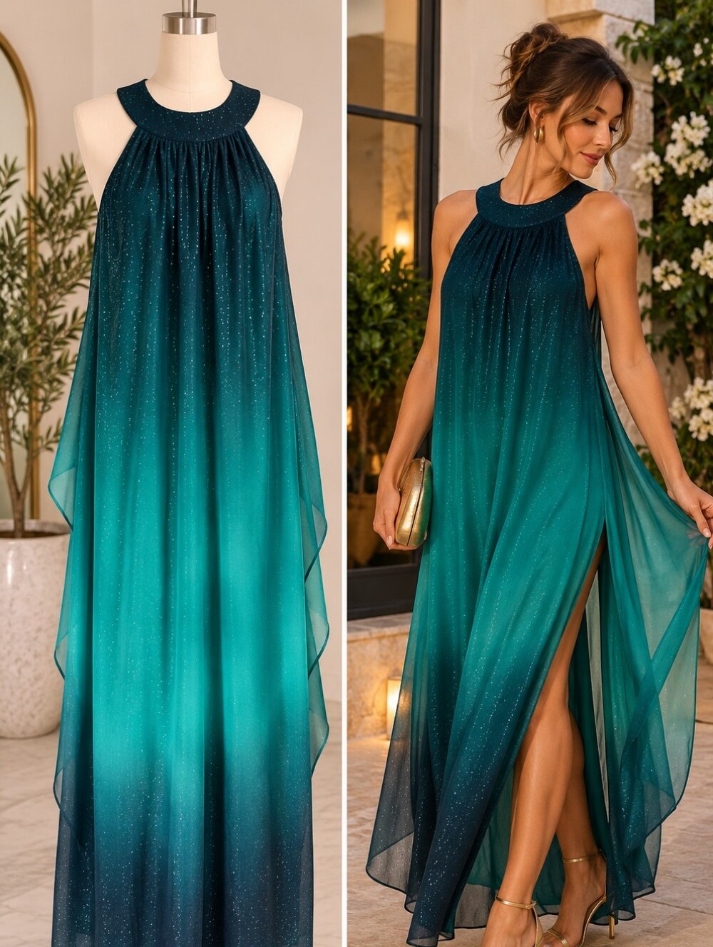 VENUS Teal Ombre Glitter Open-Side Maxi Evening Dress – Size L